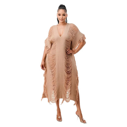 Cralom Women's Tassel Knit Midi Dress Beach Holiday Party Dress