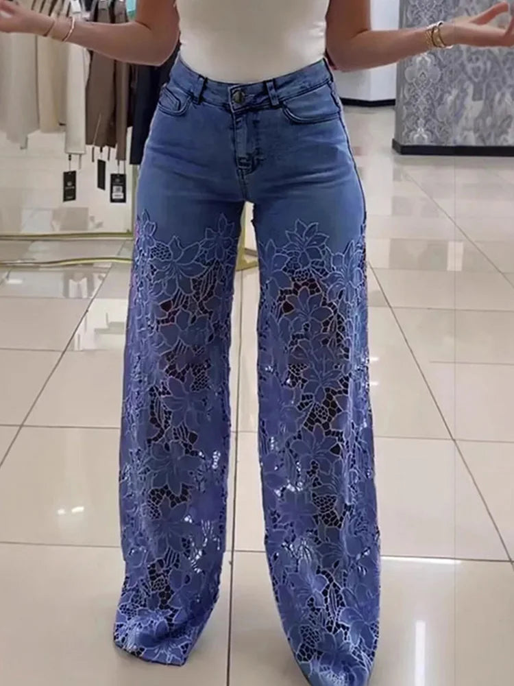 Cralom Streetwear Washed Blue Lace Spliced Jeans Wide Leg Pants