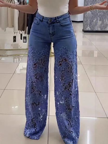 Cralom Streetwear Washed Blue Lace Spliced Jeans Wide Leg Pants