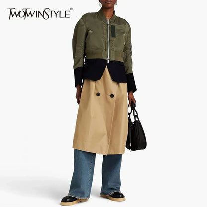 Cralom Colorblock Patchwork Button Coat | Streetwear Stand Collar Zipper Jacket