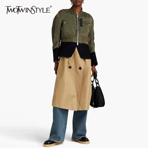 Cralom Colorblock Patchwork Button Coat | Streetwear Stand Collar Zipper Jacket