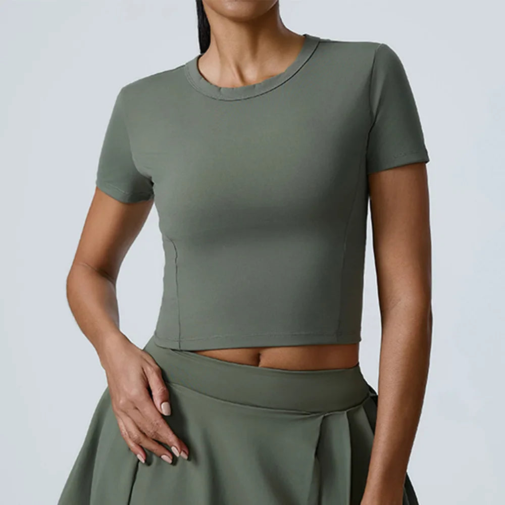 Cralom Yoga High Elastic Fitness Top: Short Sleeve Dance Running Gym Workout Tee
