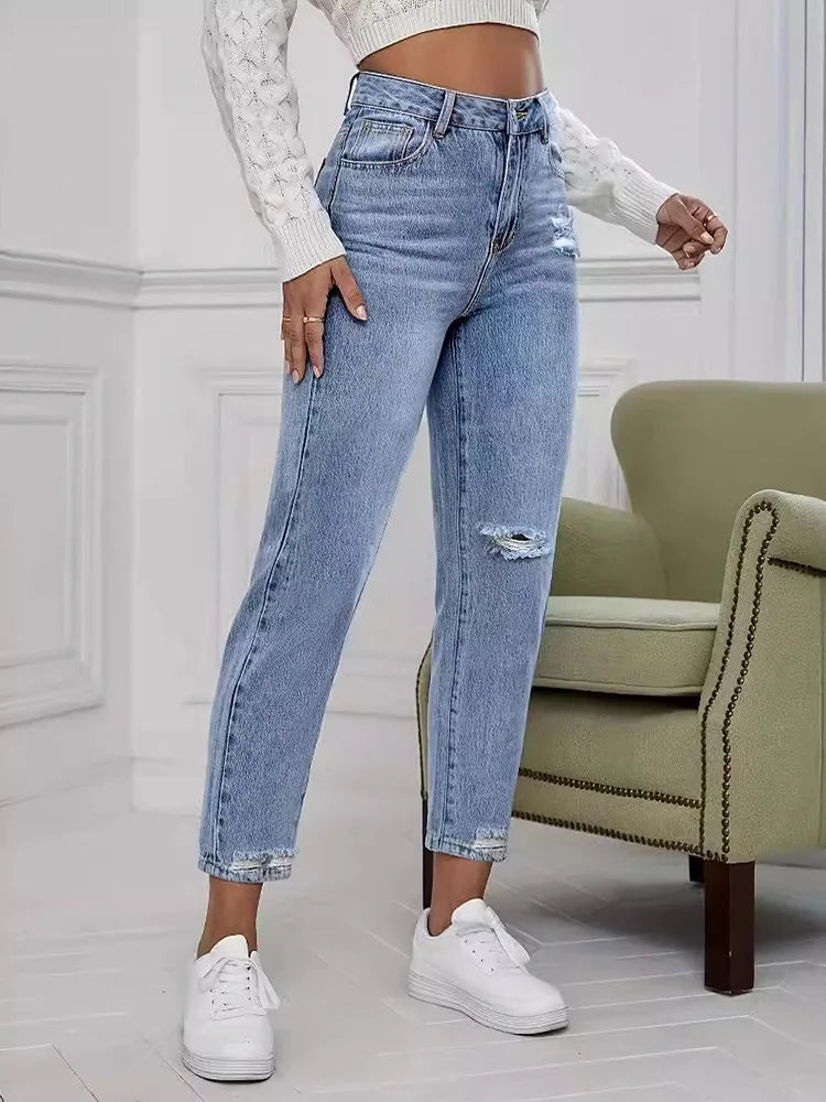 Cralom High Waist Distressed Blue Jeans Women's Streetwear Slim Fit Pencil Pants