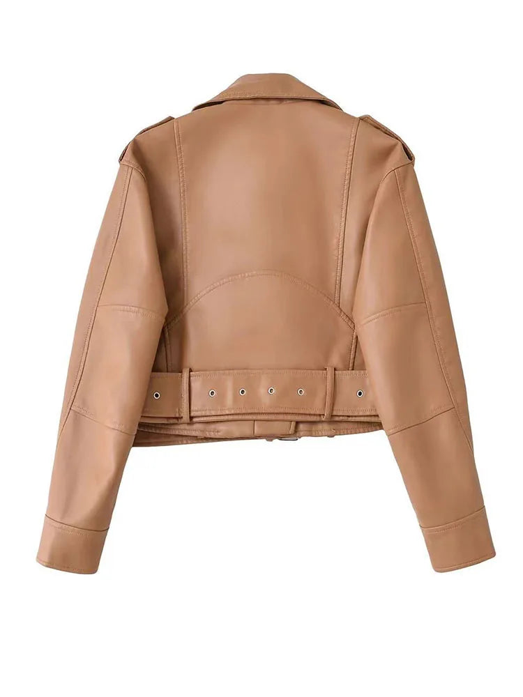 Cralom Faux Leather Jacket with Belt Zipper Lapel Spring Autumn Coat Women's Outwear