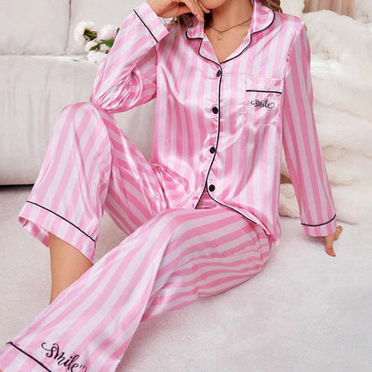 Cralom Victoria Stripe Satin Pajama Set - Long Sleeve Tops & Pants Comfort Sleepwear