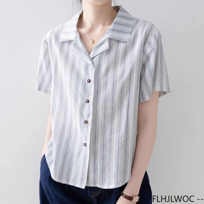 Cralom 2025 Summer Striped Button Blouse - Short Sleeve Casual Retro Top for Women