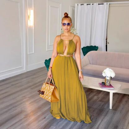 Cralom Sexy Camisole Backless Long Dress Solid Color, 2025 Summer
