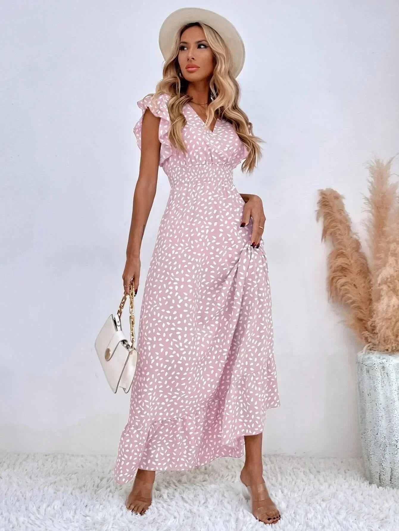 Cralom Floral V-Neck High Waist Dress with Lotus Leaf Sleeves for Summer 2025