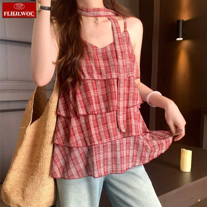 Cralom Retro Red Plaid Peplum Top Vintage Ruffles Layer Blouse