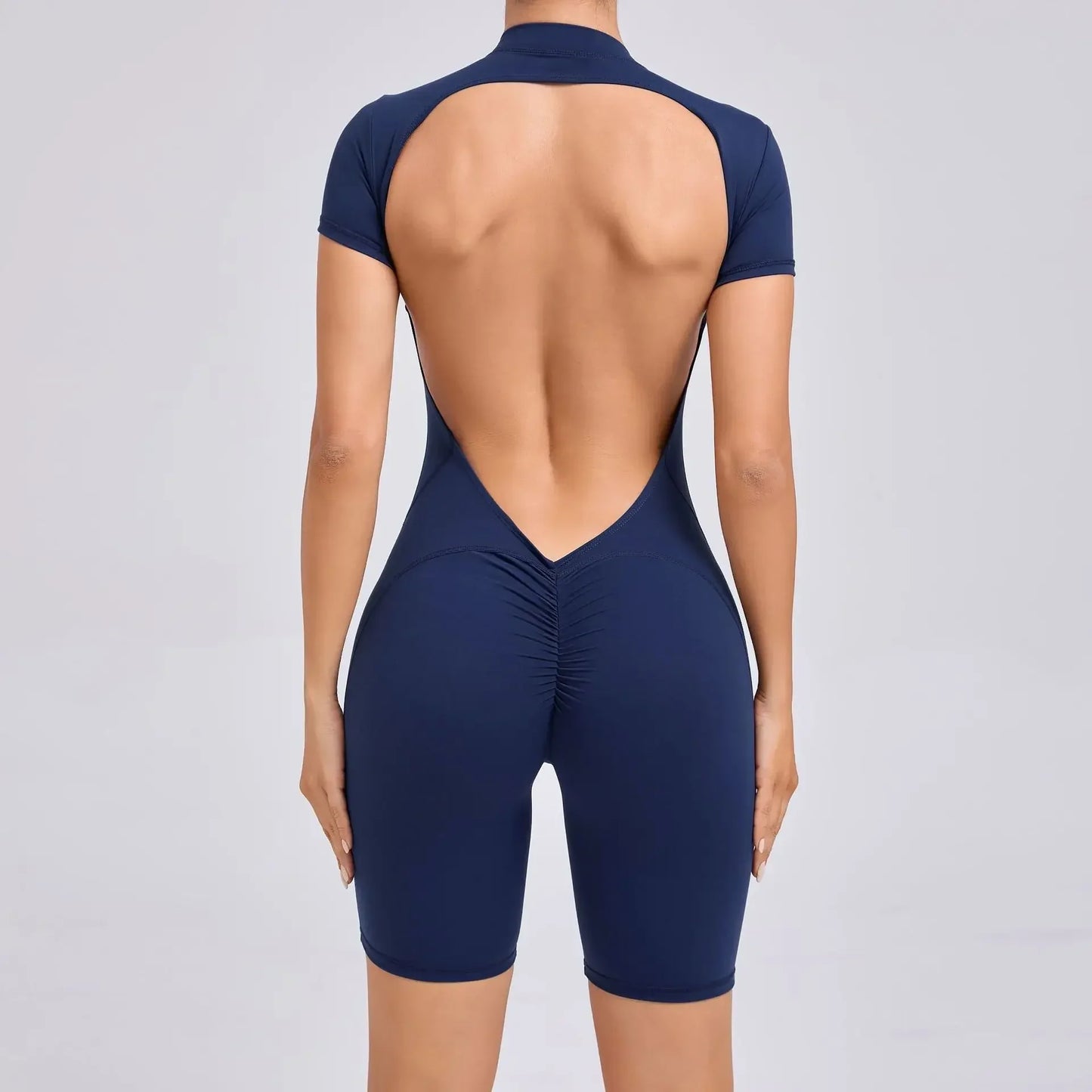 Cralom Backless Zipper Yoga Bodysuit: Short Sleeve Gym Activewear for Running & Workout