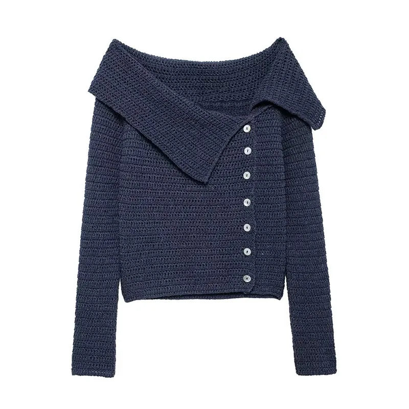 Cralom Women's Slant Neck Knitted Top | Off Shoulder Button Sweater