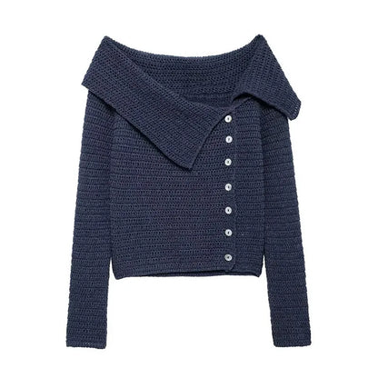 Cralom Women's Slant Neck Knitted Top | Off Shoulder Button Sweater