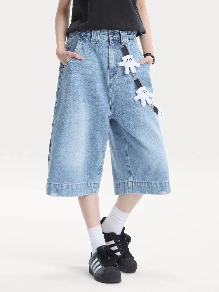 Cralom High Waist Wide Leg Denim Bermuda Shorts for Women