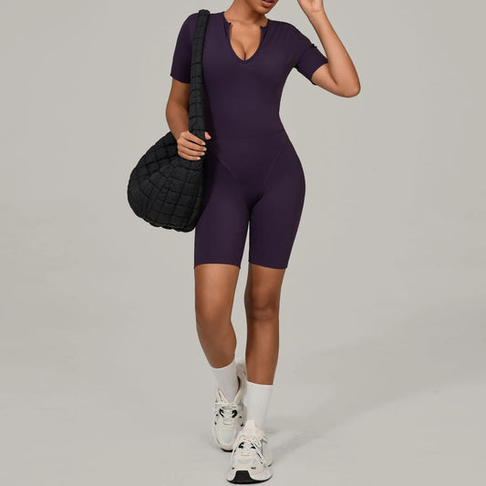 Cralom V Neck Yoga One Piece Set - Short Sleeve Skinny Fitness Suit