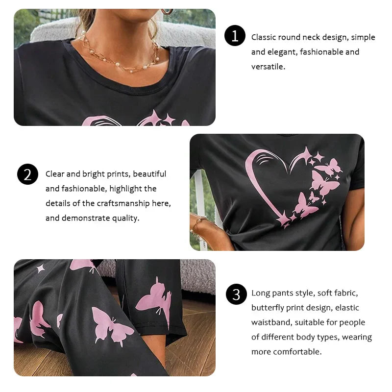 Cralom Women's Butterfly & Heart Printed Pajama Set - Soft Short Sleeve Crew Neck Tops & Elastic Waist Pants