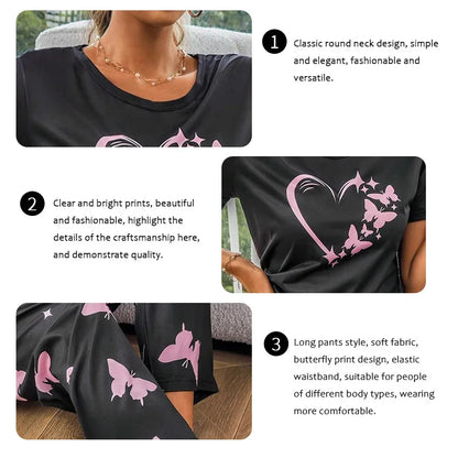Cralom Women's Butterfly & Heart Printed Pajama Set - Soft Short Sleeve Crew Neck Tops & Elastic Waist Pants