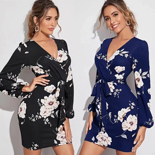 Cralom V-Neck Printed Long Sleeve Dress with Lace-Up Waist & Slim Fit