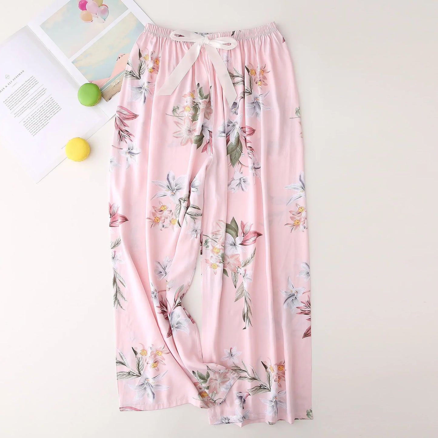 Cralom Floral Cotton Silk Pajama Pants Women's Loose Wide-leg Trousers