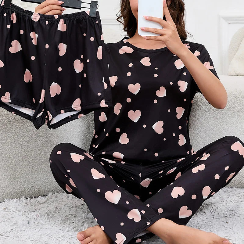 Cralom Women's Heart Print Pajama Set with Short-Sleeve Top, Shorts & Long Pants