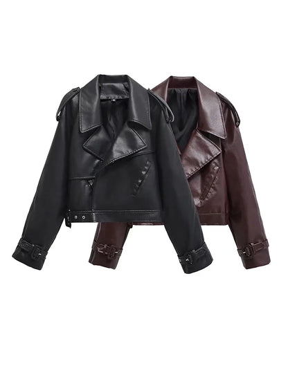Cralom Faux Leather Bomber Jacket for Women's Streetwear Fashion