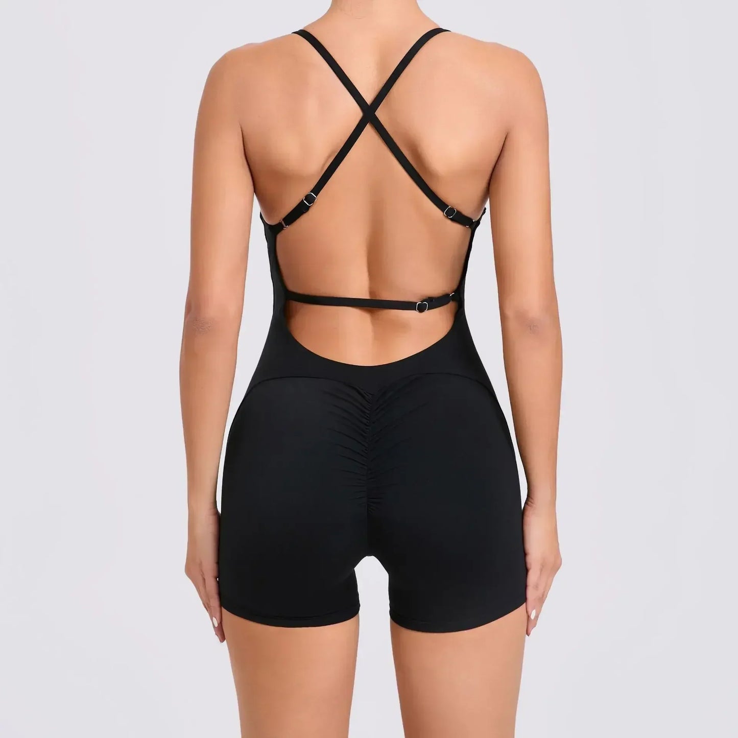 Cralom Women's Gym Fitness Jumpsuit Open Back Shorts Yoga Set