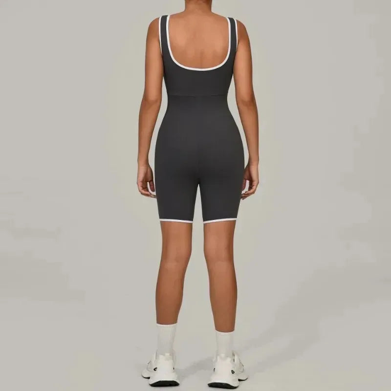 Cralom Color Block Yoga Jumpsuit: Wide Collar Backless Bodysuit for Active Women
