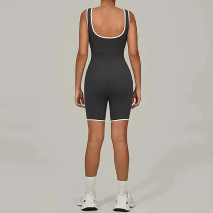 Cralom Color Block Yoga Jumpsuit: Wide Collar Backless Bodysuit for Active Women