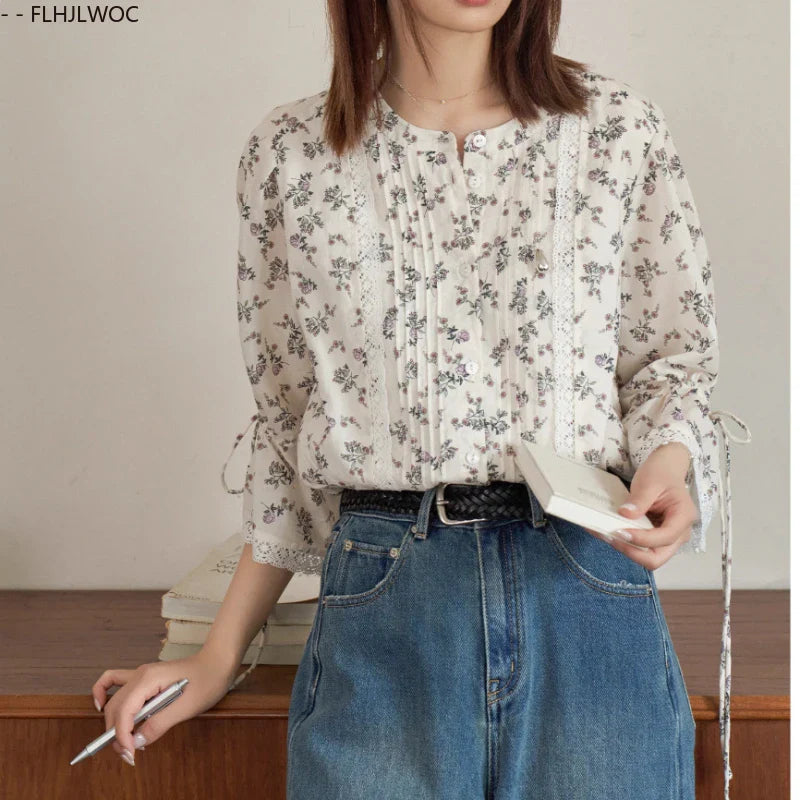 Cralom Women's Retro Stripe Floral Button Shirts