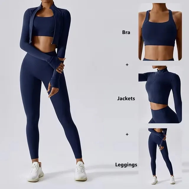 Cralom 3Pcs Yoga Set for Women: Workout Suit, Quick-Drying Material, Gym Jackets
