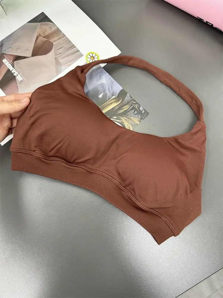 Cralom Yoga Halter Sports Bra Open Back Padded Crop Top Gym Fitness Running Top