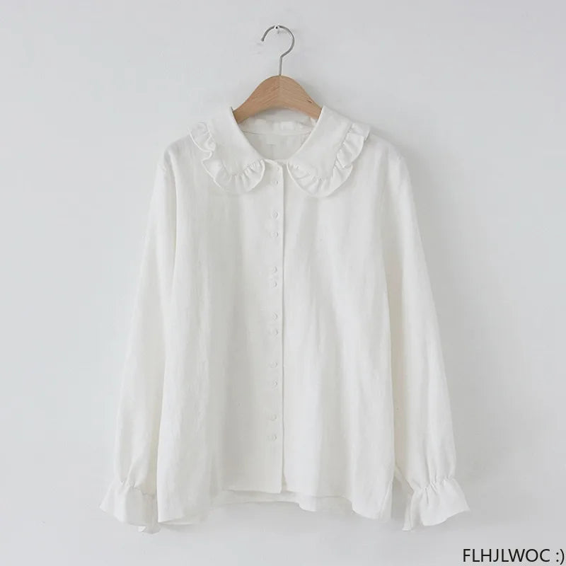 Cralom Flare Sleeve Peter Pan Collar Ruffles White Button Shirt