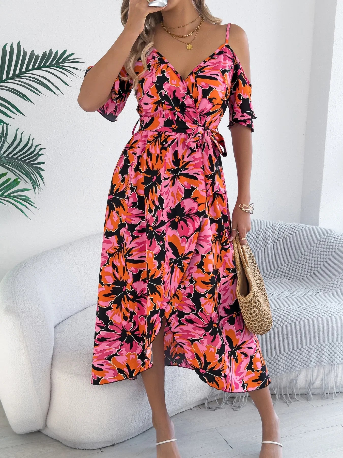 Cralom Floral Suspender Off Shoulder Vacation Dress