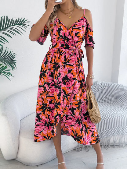 Cralom Floral Suspender Off Shoulder Vacation Dress