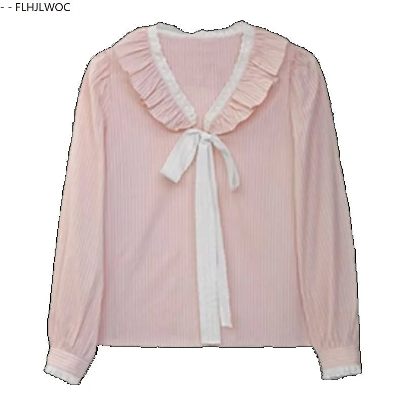 Pink Ruffles Blouse with Bow Tie & Button Detail by Cralom