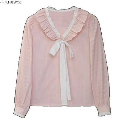 Pink Ruffles Blouse with Bow Tie & Button Detail by Cralom