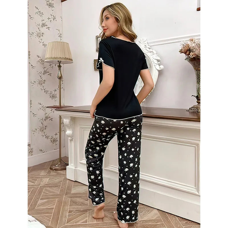 Cralom Satin Pajama Set: Short Sleeve Top & Elastic Pants, Simple Style Comfort loungewear