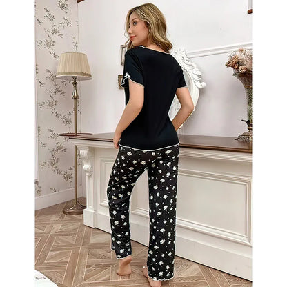 Cralom Satin Pajama Set: Short Sleeve Top & Elastic Pants, Simple Style Comfort loungewear