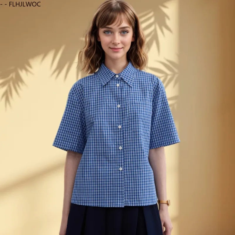 Cralom Blue Plaid Short Sleeve Button Top - Summer Preppy Style Girls Blouse