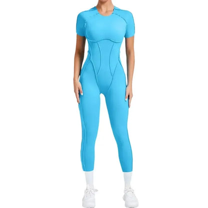 Cralom Seamless Yoga Jumpsuit Set for Women - Hip-lifting, Open Back, Short-sleeved