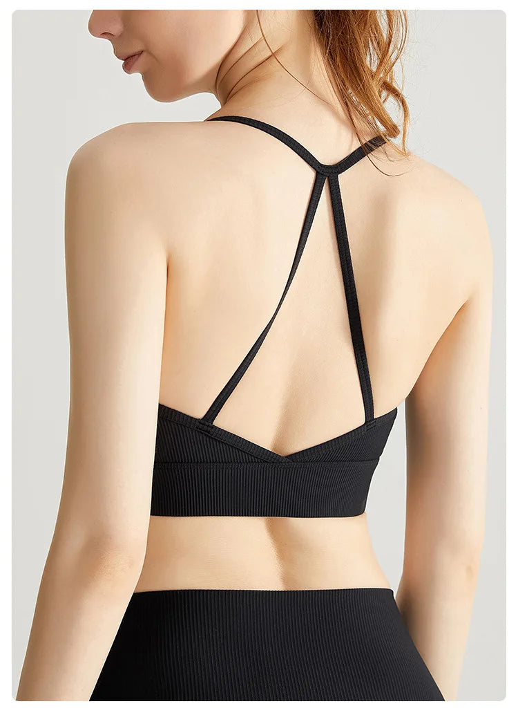 Cralom Ribbed Yoga Bra with Built-in Pads and Thin Straps for Gym and Running