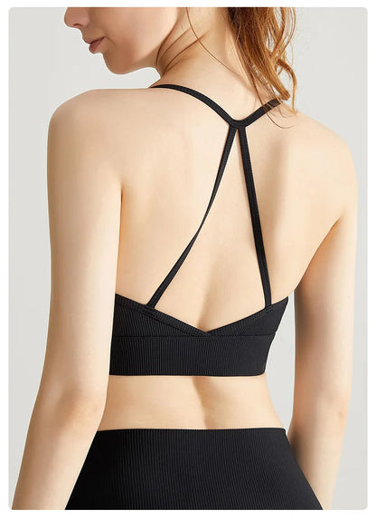 Cralom Ribbed Yoga Bra with Built-in Pads and Thin Straps for Gym and Running