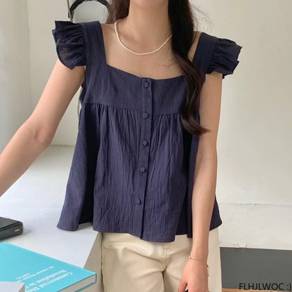 Cralom Ruffled Blouse: Retro Chic Single-Breasted Shirt for Girls