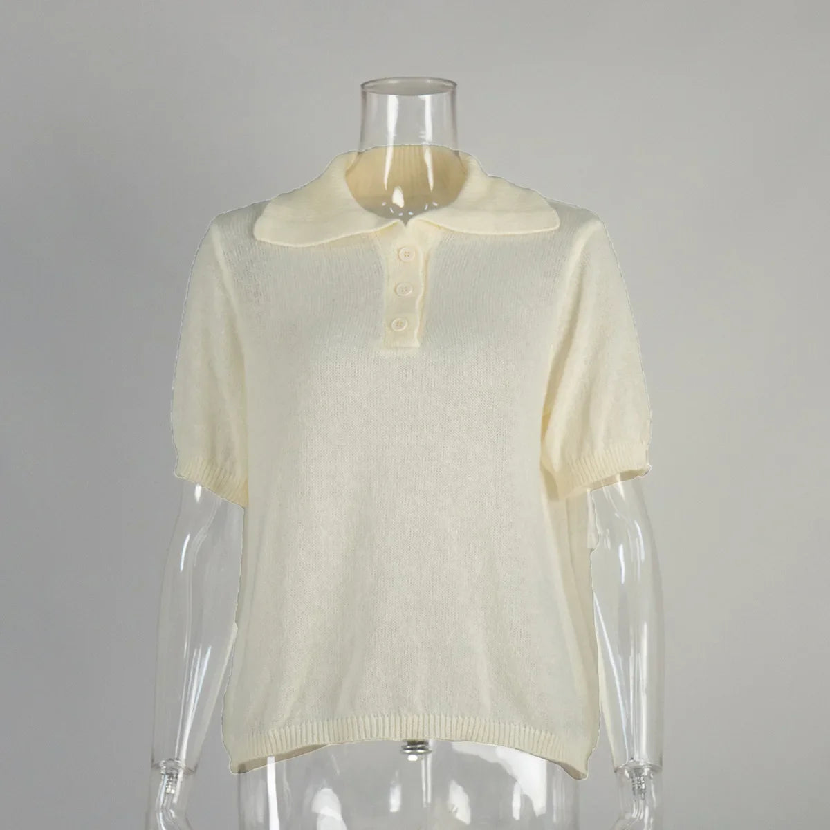 Cralom Summer Knit Polo Bubble Sleeve Sweater for Women