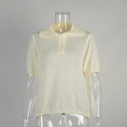 Cralom Summer Knit Polo Bubble Sleeve Sweater for Women