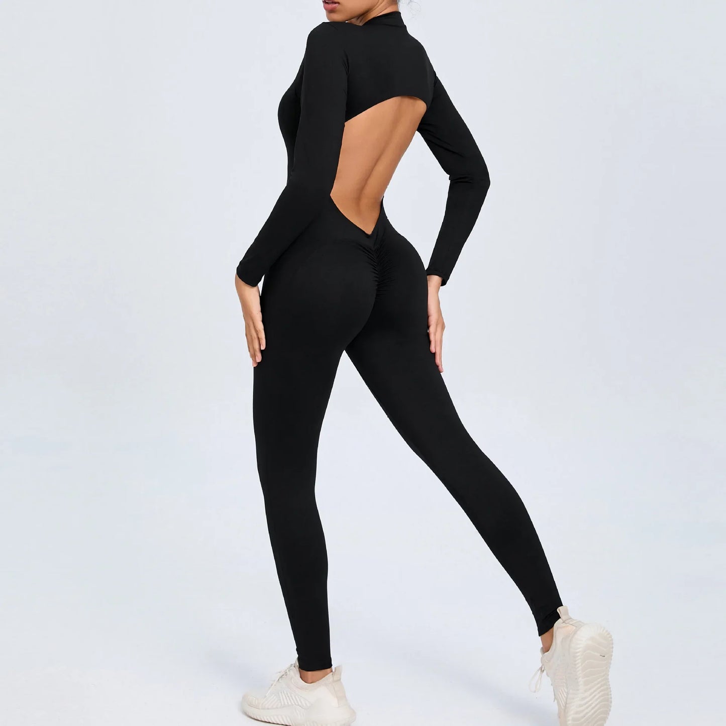 Cralom Seamless Long Sleeve Yoga Bodysuit with Back Cutout & Zipper