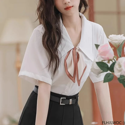 Cralom Women's White Button-Up Bow Tie Blouse