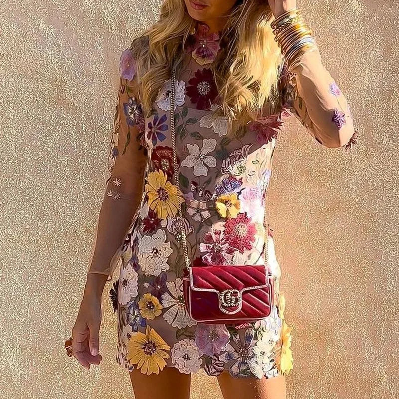 Cralom Spring 2024 3D Flower Lace Embroidery Mesh Mini Dress