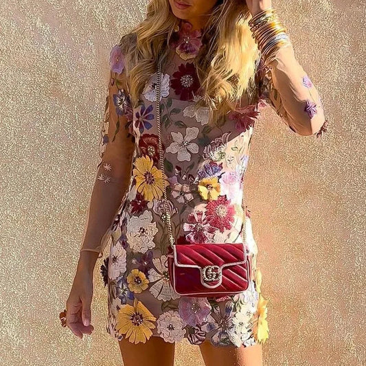 Cralom Spring 2024 3D Flower Lace Embroidery Mesh Mini Dress