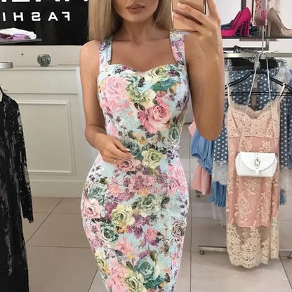 Cralom V-neck Camisole Dress Sleeveless Slim Fit Full Print Backless Slimming Design