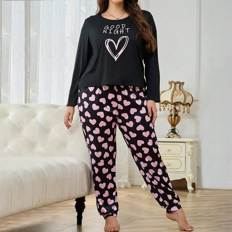 Cralom Heart Print Pajama Set: Long Sleeve Tops & Soft Elastic Pants